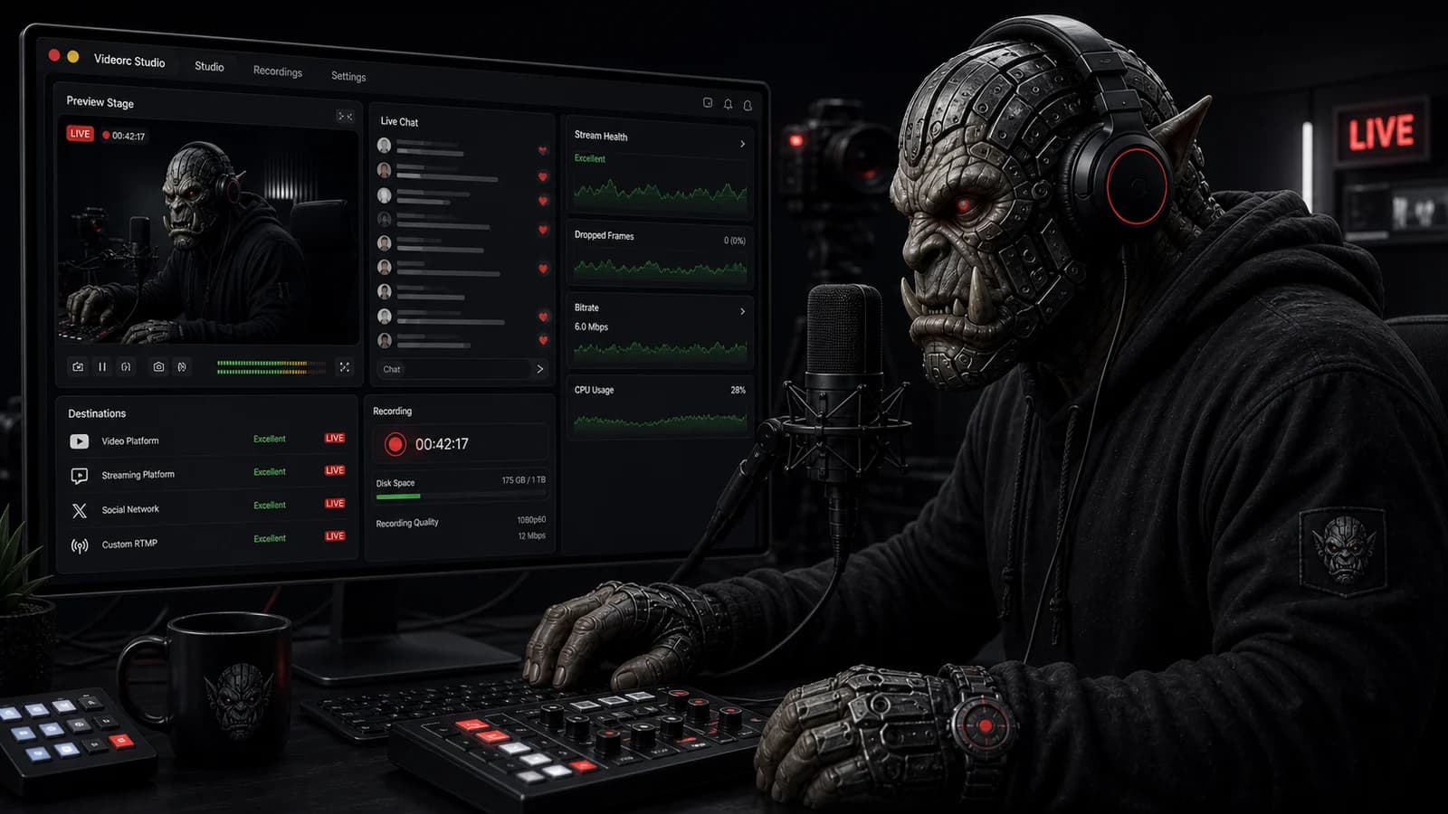 An orc streamer live in Videorc, with live chat and stream health on screen.