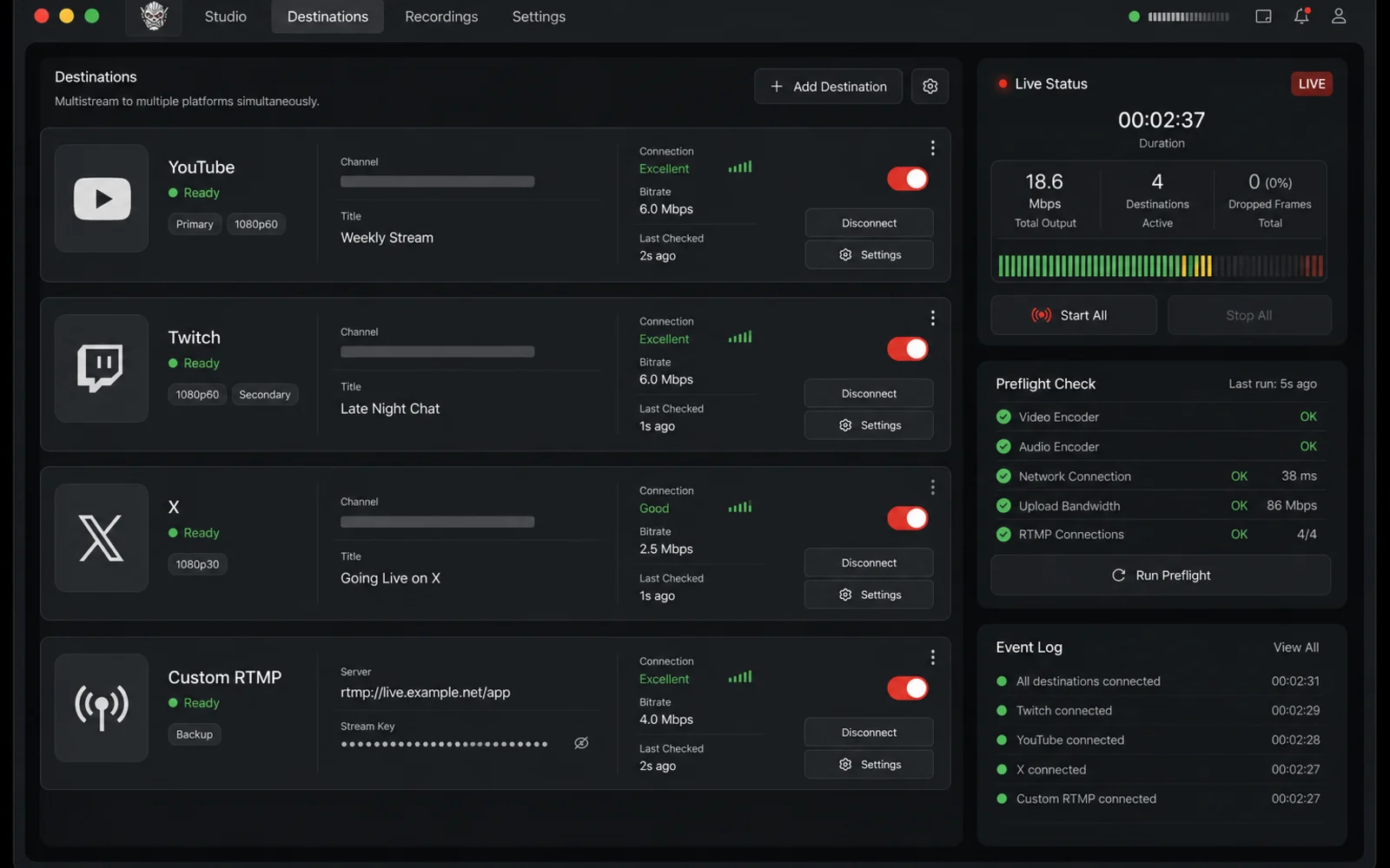 Videorc livestream destinations showing multiple streaming platforms enabled at once.